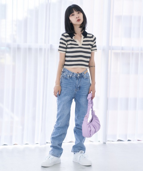 HALEY PESCA(ヘーリーペスカ)の「HALEY PESCA/ショート丈 ボーダーポロシャツ(ポロシャツ・レディース・ブラック/ピンク/ブルー・FREE)」の7枚目の写真