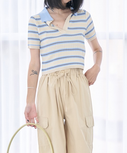 HALEY PESCA(ヘーリーペスカ)の「HALEY PESCA/ショート丈 ボーダーポロシャツ(ポロシャツ・レディース・ブラック/ピンク/ブルー・FREE)」の5枚目の写真