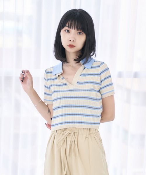HALEY PESCA(ヘーリーペスカ)の「HALEY PESCA/ショート丈 ボーダーポロシャツ(ポロシャツ・レディース・ブラック/ピンク/ブルー・FREE)」の8枚目の写真