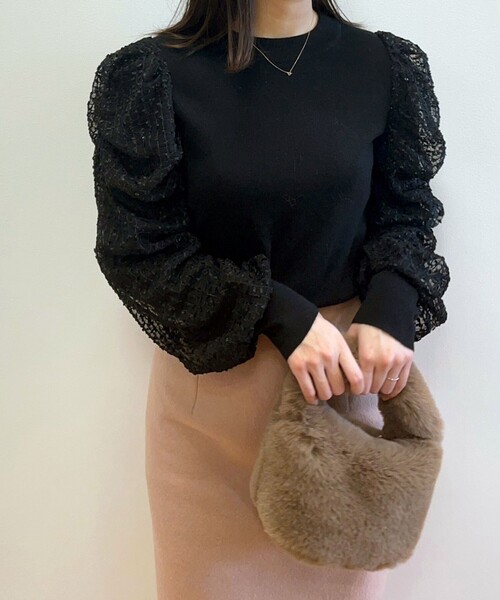 OPAQUE.CLIP（オペークドットクリップ）の「◆袖チュールドッキングニット（ニット/セーター・レディース・ライトグリーン/ブラック/ナチュラル・38）」の2枚目の写真
