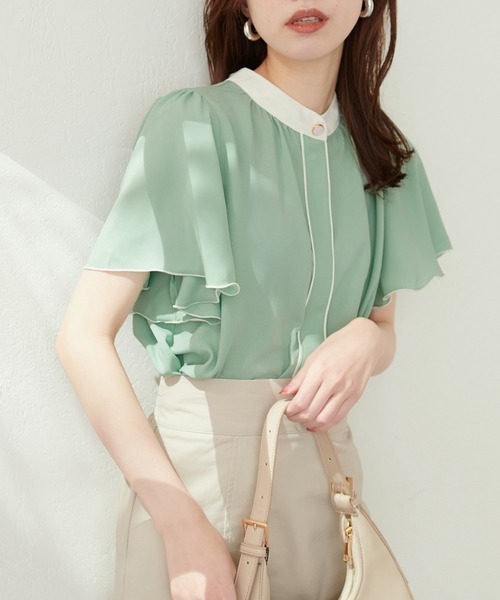 natural couture(ナチュラルクチュール)の「デザイン釦配色フレア袖ブラウス(シャツ/ブラウス・レディース・サックスブルー/グリーン/オフホワイト/ブルー/モカ/ネイビー・FREE)」の22枚目の写真