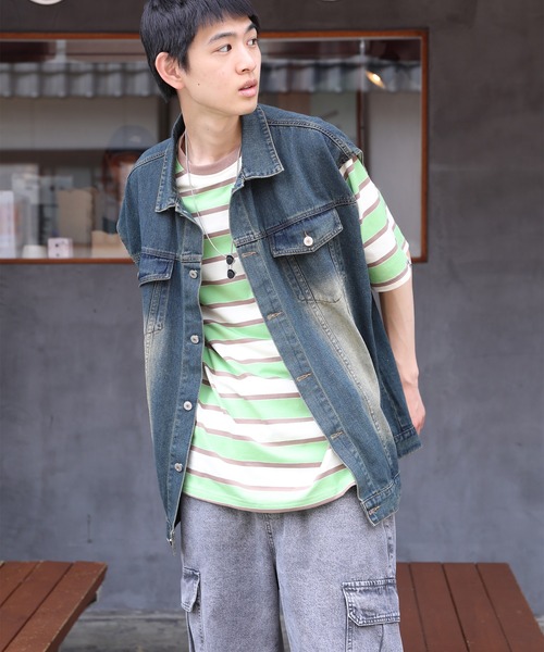 HOOK（フック）の「HOOK -original- ワッペン刺繍入り配色ボーダー半袖TEE (SS)（Tシャツ/カットソー・メンズ・パープル/ブルー/イエロー/ピンク/グリーン・M/L/XL）」の22枚目の写真