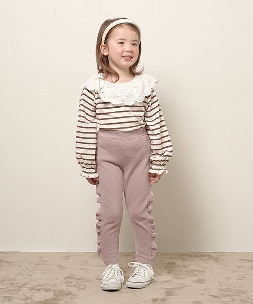 Lycee mine(リセマイン)の「【エニウェアシリーズ】サイドフリル9分丈スリムパンツ(その他パンツ・キッズ・グレイッシュベージュ/ベビーピンク/モカ/サックスブルー/ライトベージュ/ブラック・100cm/120cm/110cm/140cm/130cm)」の15枚目の写真