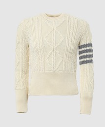 ARAN CABLE CLASSIC CREW NECK PULLOVER IN MERINO WOOL W/ 4 BAR STRIPE