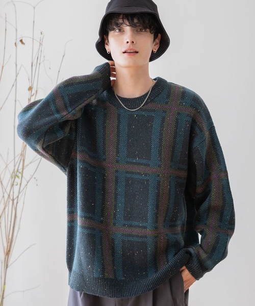 RAGEBLUE(レイジブルー)の「【green mountain threadworks】チェック柄/クルーネックルーズニット(ニット/セーター・メンズ・ネイビー/ホワイト・MEDIUM/LARGE)」の1枚目の写真
