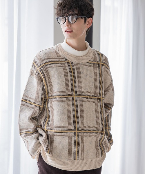 RAGEBLUE(レイジブルー)の「【green mountain threadworks】チェック柄/クルーネックルーズニット(ニット/セーター・メンズ・ネイビー/ホワイト・MEDIUM/LARGE)」の2枚目の写真