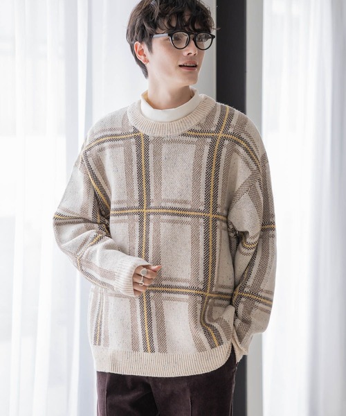 RAGEBLUE(レイジブルー)の「【green mountain threadworks】チェック柄/クルーネックルーズニット(ニット/セーター・メンズ・ネイビー/ホワイト・MEDIUM/LARGE)」の9枚目の写真