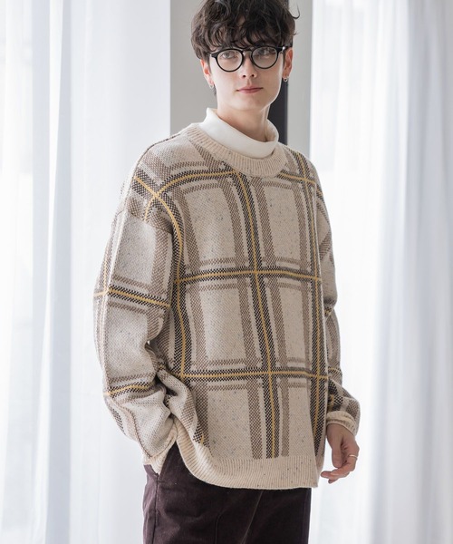RAGEBLUE(レイジブルー)の「【green mountain threadworks】チェック柄/クルーネックルーズニット(ニット/セーター・メンズ・ネイビー/ホワイト・MEDIUM/LARGE)」の10枚目の写真