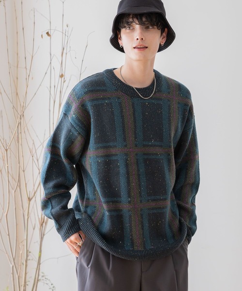 RAGEBLUE(レイジブルー)の「【green mountain threadworks】チェック柄/クルーネックルーズニット(ニット/セーター・メンズ・ネイビー/ホワイト・MEDIUM/LARGE)」の11枚目の写真