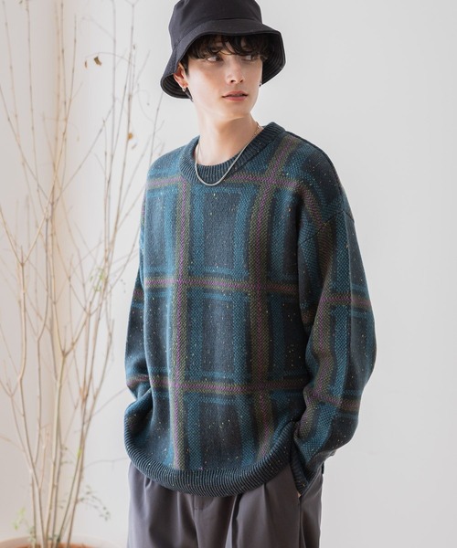 RAGEBLUE(レイジブルー)の「【green mountain threadworks】チェック柄/クルーネックルーズニット(ニット/セーター・メンズ・ネイビー/ホワイト・MEDIUM/LARGE)」の12枚目の写真
