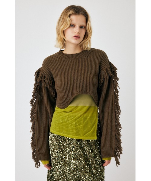 MOUSSY（マウジー）の「IRREGULAR HEM CROPPED ニット（ニット/セーター・レディース・ダークカーキ/チャコールグレー/オフホワイト・FREE）」の3枚目の写真