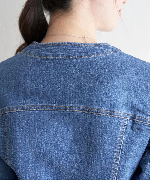 ストレッチノーカラーデニムGジャン（デニムジャケット）｜ikka