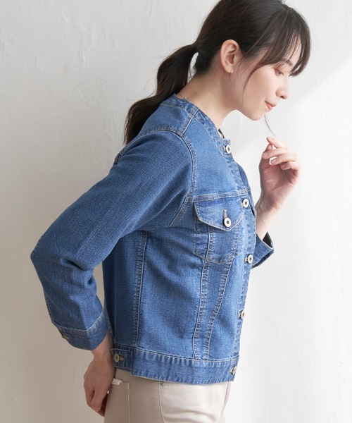 ikka（イッカ）の「ストレッチノーカラーデニムGジャン（デニムジャケット・レディース・ブルー/ダークネイビー・S/M/L）」の9枚目の写真