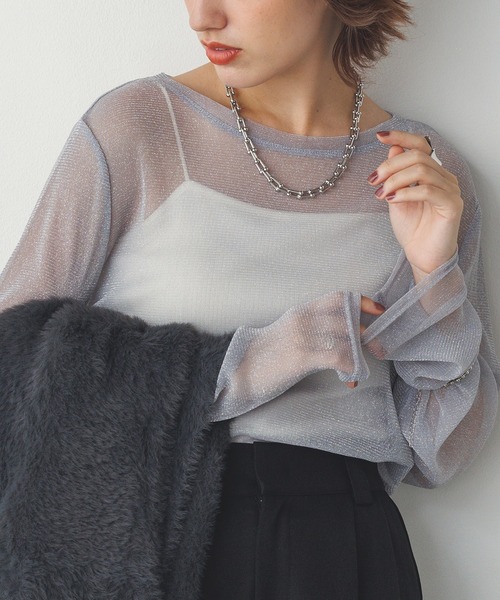 hunch(ハンチ)の「【WEB限定/別注】クルーネック ラメシアートップス(Tシャツ/カットソー・レディース・ミント/チャコール/グレー/オフホワイト・FREE)」の3枚目の写真