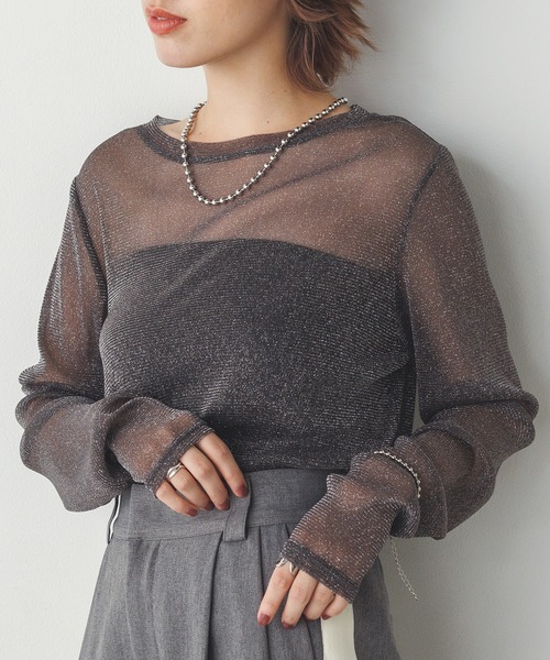 hunch(ハンチ)の「【WEB限定/別注】クルーネック ラメシアートップス(Tシャツ/カットソー・レディース・ミント/チャコール/グレー/オフホワイト・FREE)」の4枚目の写真