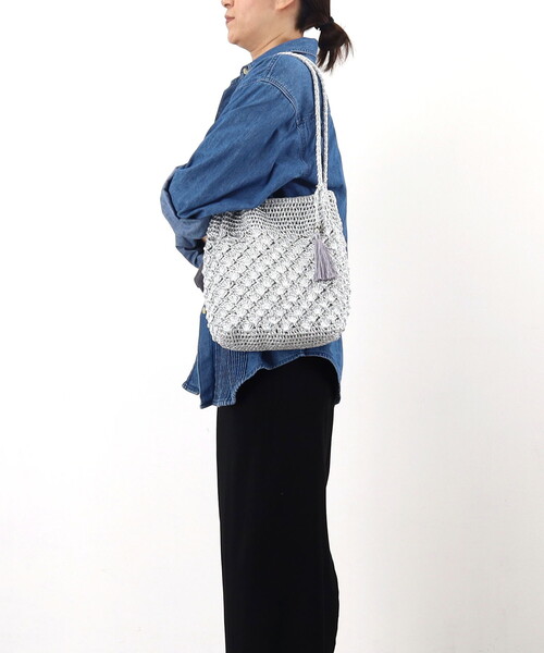 メタリック柄編みロングハンドルトートバッグ（かごバッグ）｜COOCO