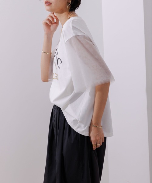 Eimee Law（エイミーロウ）の「ラバー&箔 チュールスリーブ ロゴトップス（Tシャツ/カットソー・レディース・ライトグレー/ブラック/オフホワイト・38）」の8枚目の写真