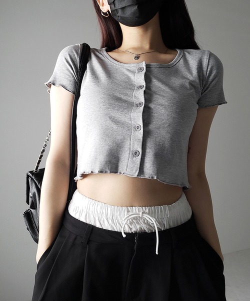 3color 】フロントボタン半袖メローショートTシャツ ／ front button