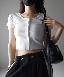 me+em select（ミームセレクト）の「【 ３color 】フロントボタン半袖メローショートＴシャツ ／ front button mellow short Tee（Tシャツ/カットソー）」