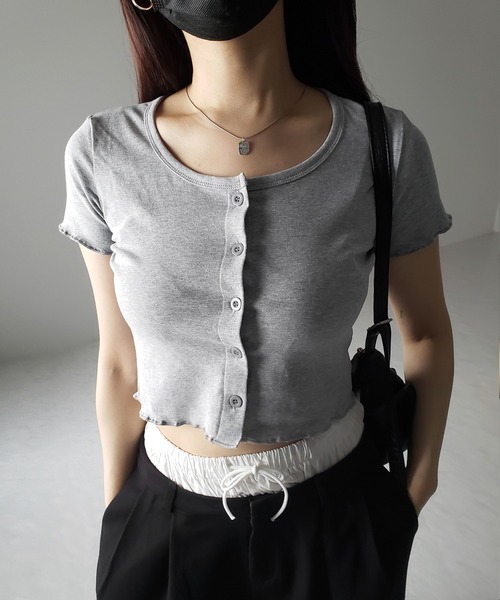 美品✨PLEATSPLEASE 半袖　カットソー　グレー　ボタン　襟 セール】【 3color 】フロントボタン半袖メローショートTシャツ