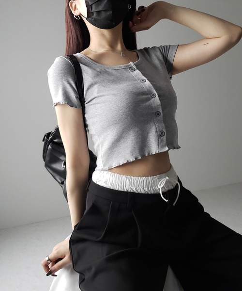 セール】【 3color 】フロントボタン半袖メローショートTシャツ