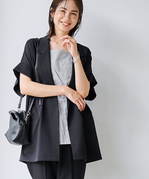 coen（コーエン）の「【RONEL】リネンライクハーフスリーブジャケット（テーラードジャケット・レディース・ベージュ/ブラック・M/S）」の2枚目の写真