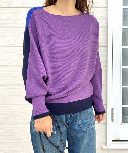 Q(キュー)の「ブロックカラー横リブドルマンニット(ニット/セーター・レディース・ブラック/マスタード/パープル/ブルー/ラベンダー・MEDIUM)」の3枚目の写真