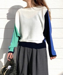 Q | ブロックカラー横リブドルマンニット(ニット/セーター)