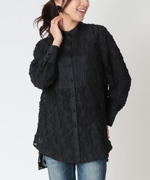 フラワーカットジャガード バンドカラーシャツブラウス