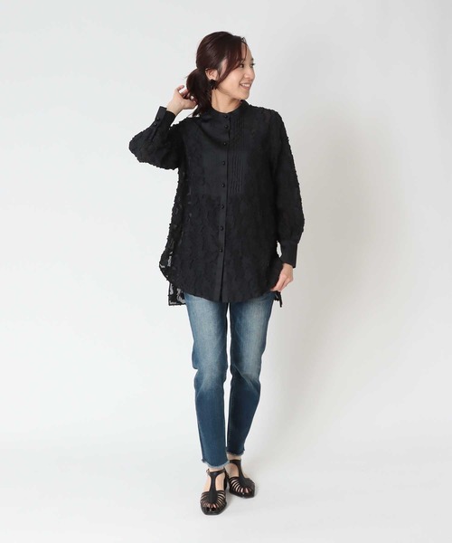 Jines（ジネス）の「フラワーカットジャガード バンドカラーシャツブラウス（シャツ/ブラウス・レディース・ホワイト/ブラック・38）」の10枚目の写真