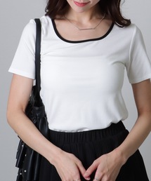 配色ライン スクエアネック ソリッド 半袖 Tシャツ