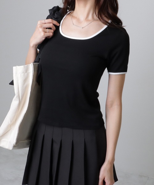 Lace Ladies(レースレディース)の「配色ライン スクエアネック ソリッド 半袖 Tシャツ(Tシャツ/カットソー・レディース・アイボリー/ブラック/グレー/モカ/ホワイト・FREE)」の10枚目の写真