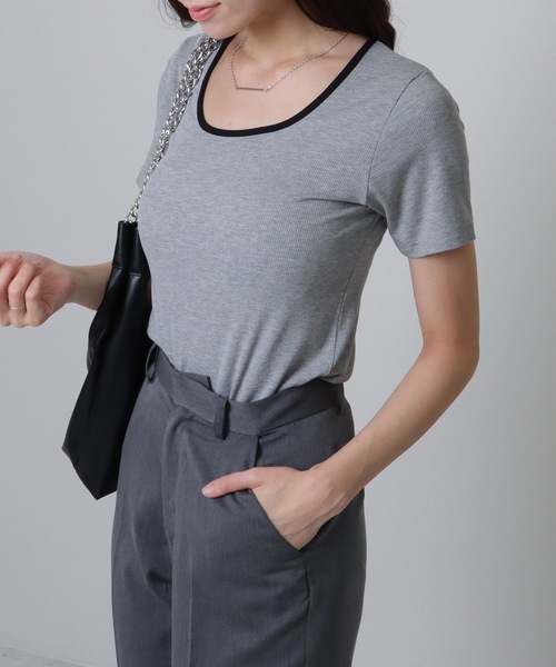 【CITYBREEZE】★スクエアネックライン 配色 半袖Tシャツ★ セール】配色ライン スクエアネック ソリッド 半袖 Tシャツ（T