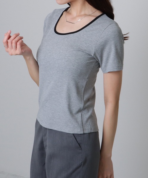 セール】配色ライン スクエアネック ソリッド 半袖 Tシャツ（T