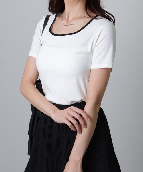 セール】配色ライン スクエアネック ソリッド 半袖 Tシャツ（T