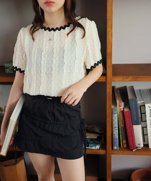 LAFFMO（ラフモ）の「ギャザーリボンミニスカート（スカート・レディース・ブラック/ダークグレー・F）」の7枚目の写真