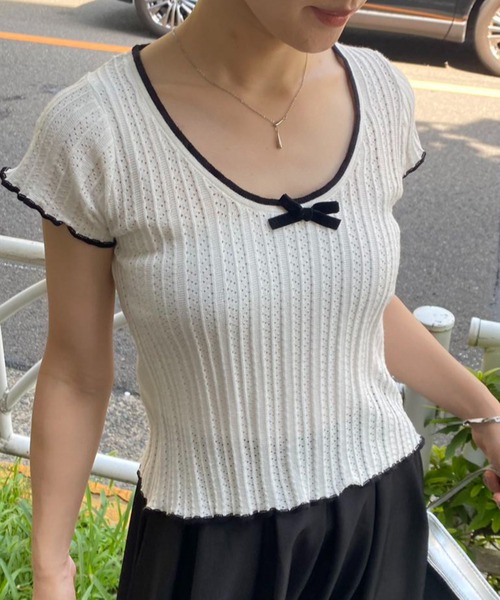 mebole(メボレ)の「フリル&リボン スリムトップス(Tシャツ/カットソー・レディース・アイボリー/ホワイト・FREE)」の3枚目の写真