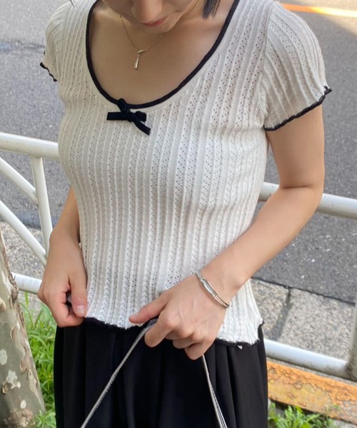 mebole(メボレ)の「フリル&リボン スリムトップス(Tシャツ/カットソー・レディース・アイボリー/ホワイト・FREE)」の5枚目の写真