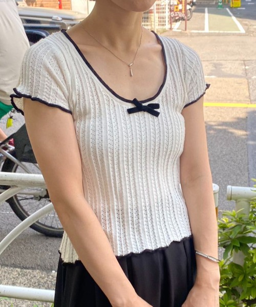 mebole(メボレ)の「フリル&リボン スリムトップス(Tシャツ/カットソー・レディース・アイボリー/ホワイト・FREE)」の7枚目の写真