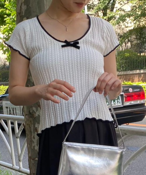 mebole(メボレ)の「フリル&リボン スリムトップス(Tシャツ/カットソー・レディース・アイボリー/ホワイト・FREE)」の12枚目の写真