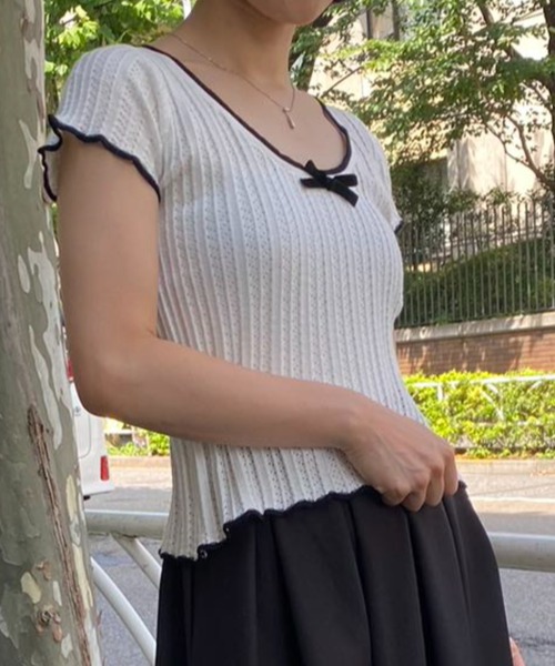 mebole(メボレ)の「フリル&リボン スリムトップス(Tシャツ/カットソー・レディース・アイボリー/ホワイト・FREE)」の10枚目の写真