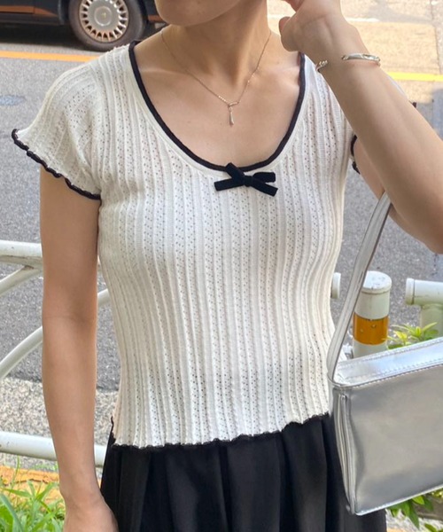 mebole(メボレ)の「フリル&リボン スリムトップス(Tシャツ/カットソー・レディース・アイボリー/ホワイト・FREE)」の9枚目の写真