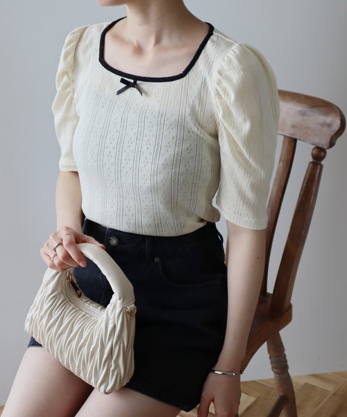 earth music&ecology（アースミュージックアンドエコロジー）の「フロントリボンパフスリーブプルオーバー（Tシャツ/カットソー・レディース・ブラック/アイボリー/ホワイト/グレー・FREE）」の3枚目の写真