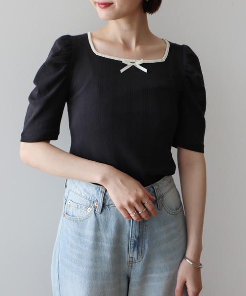 earth music&ecology（アースミュージックアンドエコロジー）の「フロントリボンパフスリーブプルオーバー（Tシャツ/カットソー・レディース・ブラック/アイボリー/ホワイト/グレー・FREE）」の4枚目の写真