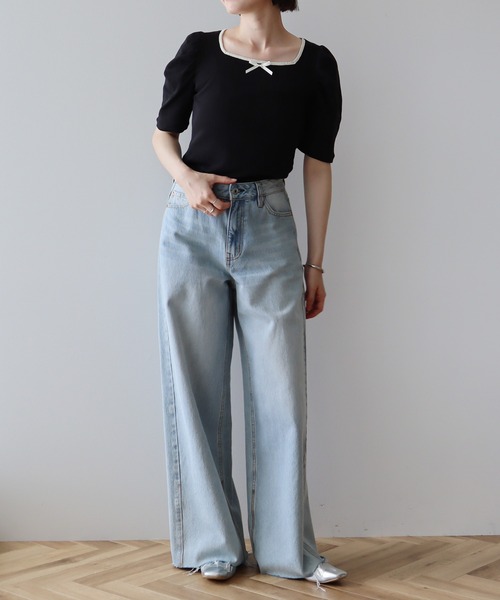 earth music&ecology（アースミュージックアンドエコロジー）の「フロントリボンパフスリーブプルオーバー（Tシャツ/カットソー・レディース・ブラック/アイボリー/ホワイト/グレー・FREE）」の7枚目の写真