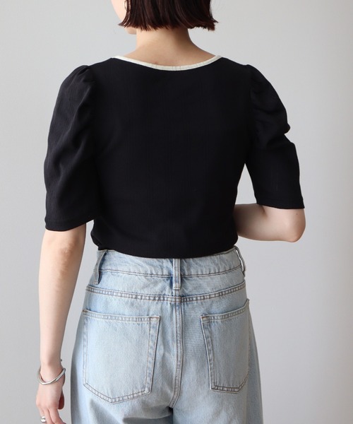 earth music&ecology（アースミュージックアンドエコロジー）の「フロントリボンパフスリーブプルオーバー（Tシャツ/カットソー・レディース・ブラック/アイボリー/ホワイト/グレー・FREE）」の10枚目の写真