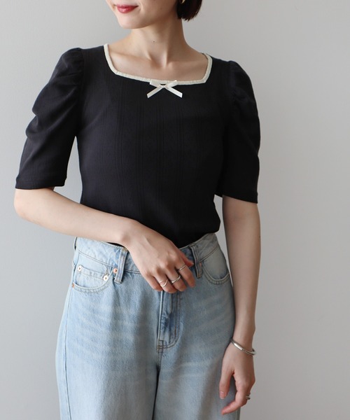 earth music&ecology（アースミュージックアンドエコロジー）の「フロントリボンパフスリーブプルオーバー（Tシャツ/カットソー・レディース・ブラック/アイボリー/ホワイト/グレー・FREE）」の11枚目の写真