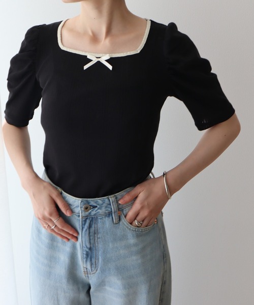 earth music&ecology（アースミュージックアンドエコロジー）の「フロントリボンパフスリーブプルオーバー（Tシャツ/カットソー・レディース・ブラック/アイボリー/ホワイト/グレー・FREE）」の12枚目の写真