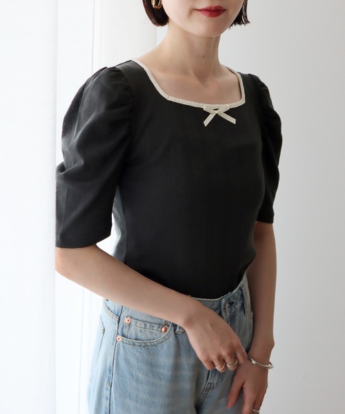 earth music&ecology（アースミュージックアンドエコロジー）の「フロントリボンパフスリーブプルオーバー（Tシャツ/カットソー・レディース・ブラック/アイボリー/ホワイト/グレー・FREE）」の13枚目の写真