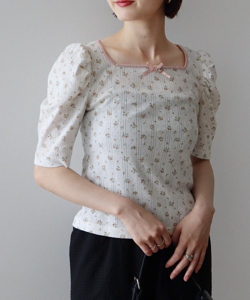 earth music&ecology（アースミュージックアンドエコロジー）の「フロントリボンパフスリーブプルオーバー（Tシャツ/カットソー・レディース・ブラック/アイボリー/ホワイト/グレー・FREE）」の14枚目の写真